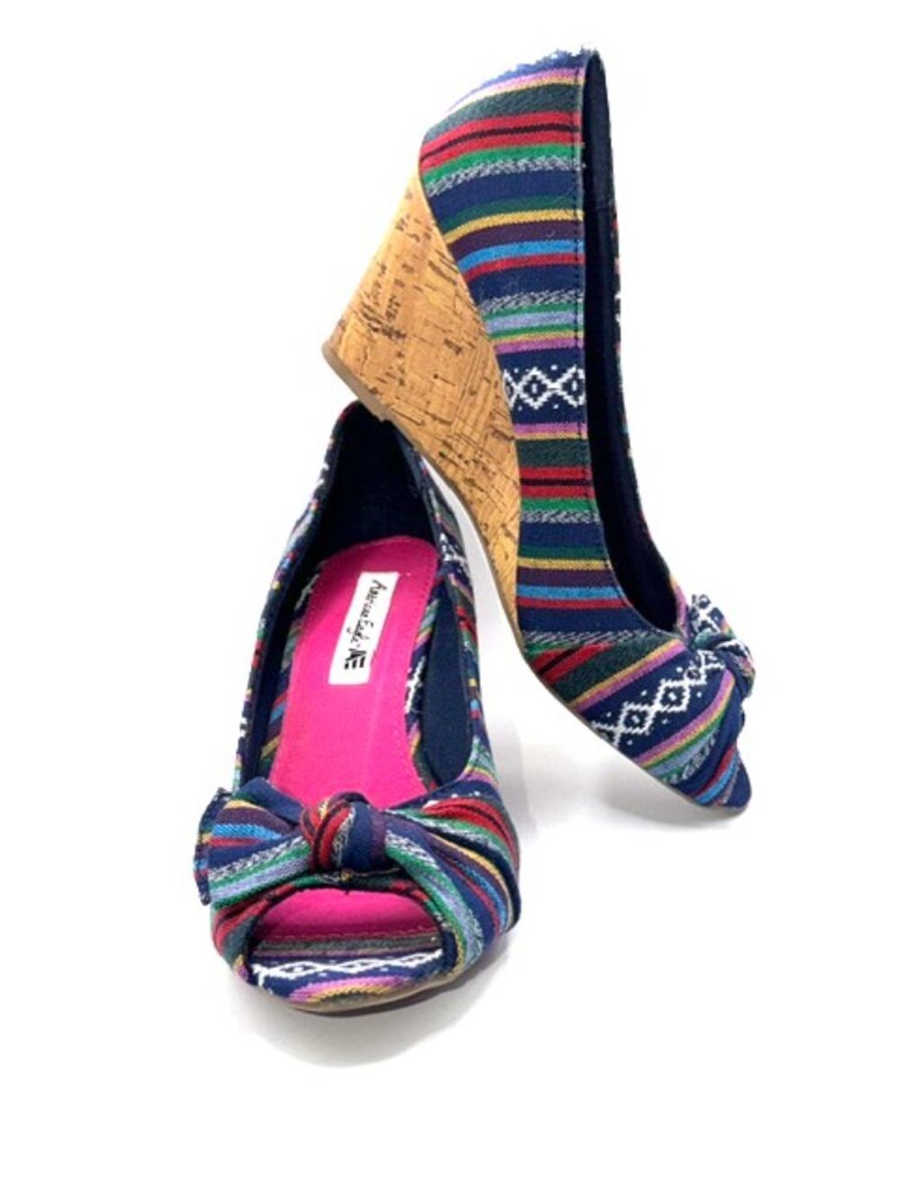American Eagle by Payless Boho Woven Peep Toe Cork Wedges Size 8 - Picture 3 of 12
